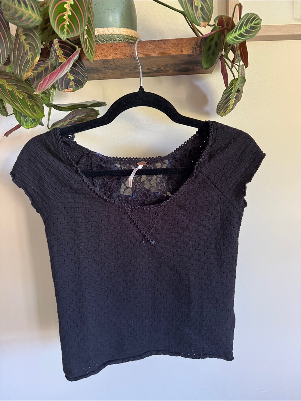 Free People Black Lace-Back Cap Sleeve Crop Top